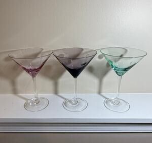 Ars Mundi Hand Blown Art Glass Martini Glasses Set of 3 Pink Purple Aqua